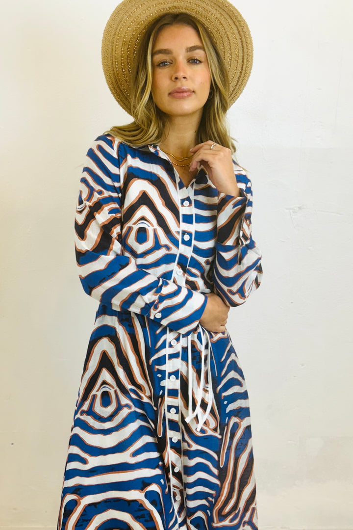 Allumbra Tiger Shirt Dress in Blue Print