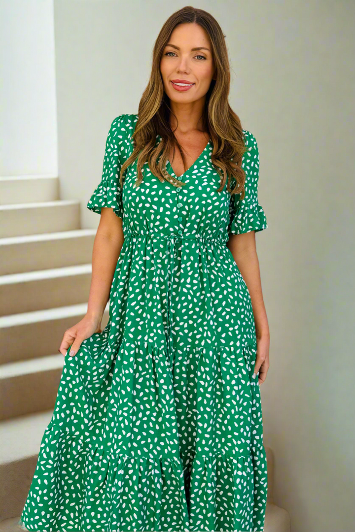 Jeannie Midi Dress  in Apple Green and White- Restocked