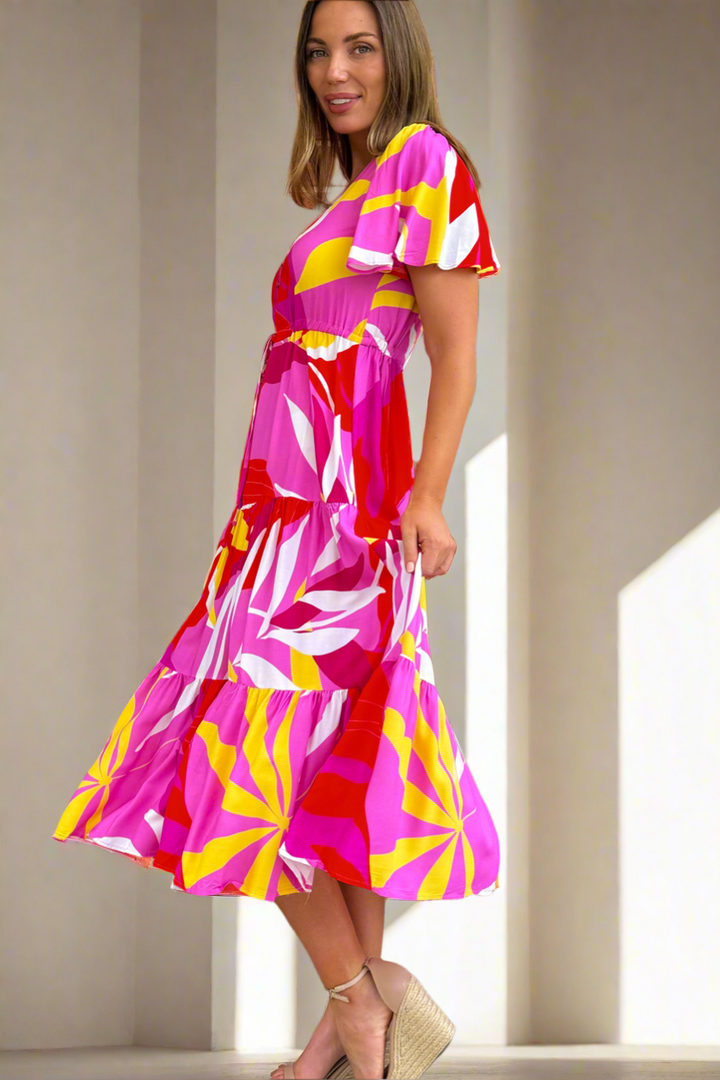 Almalfi Print Drawstring Midi Dress in Pink and Yellow Tones