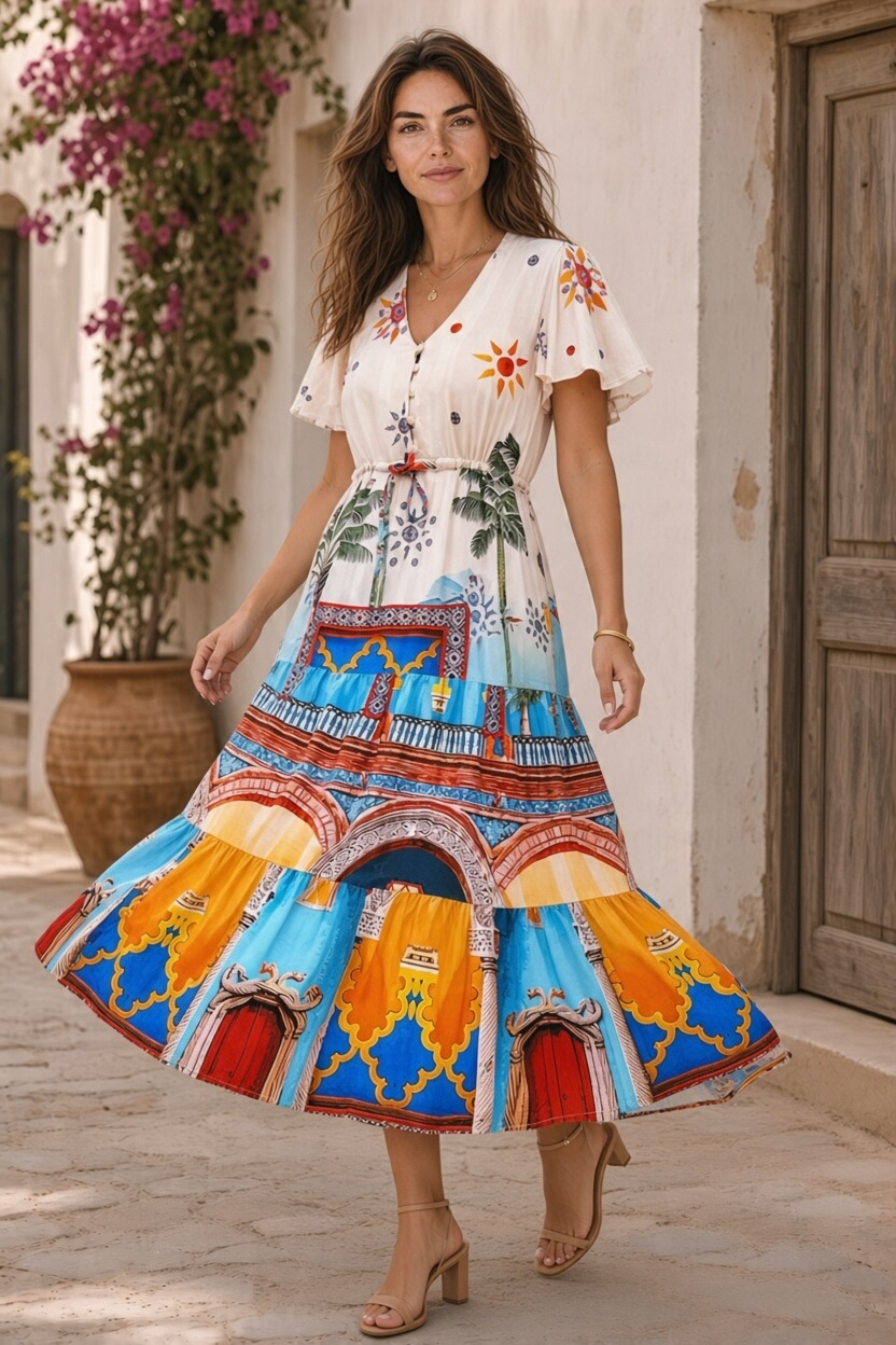 Aly Drawstring Midi in Multi Print