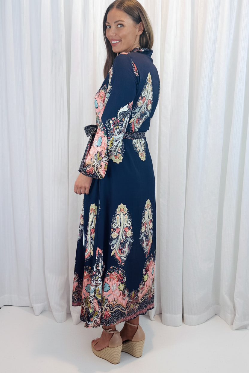 Gidget Long Sleeve Dress in Navy Multi Print