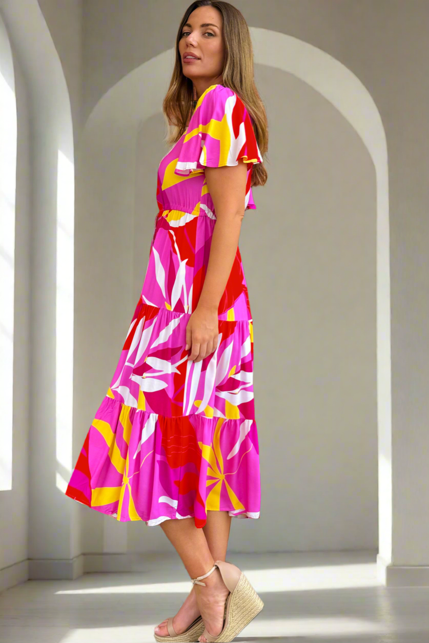 Almalfi Print Drawstring Midi Dress in Pink and Yellow Tones