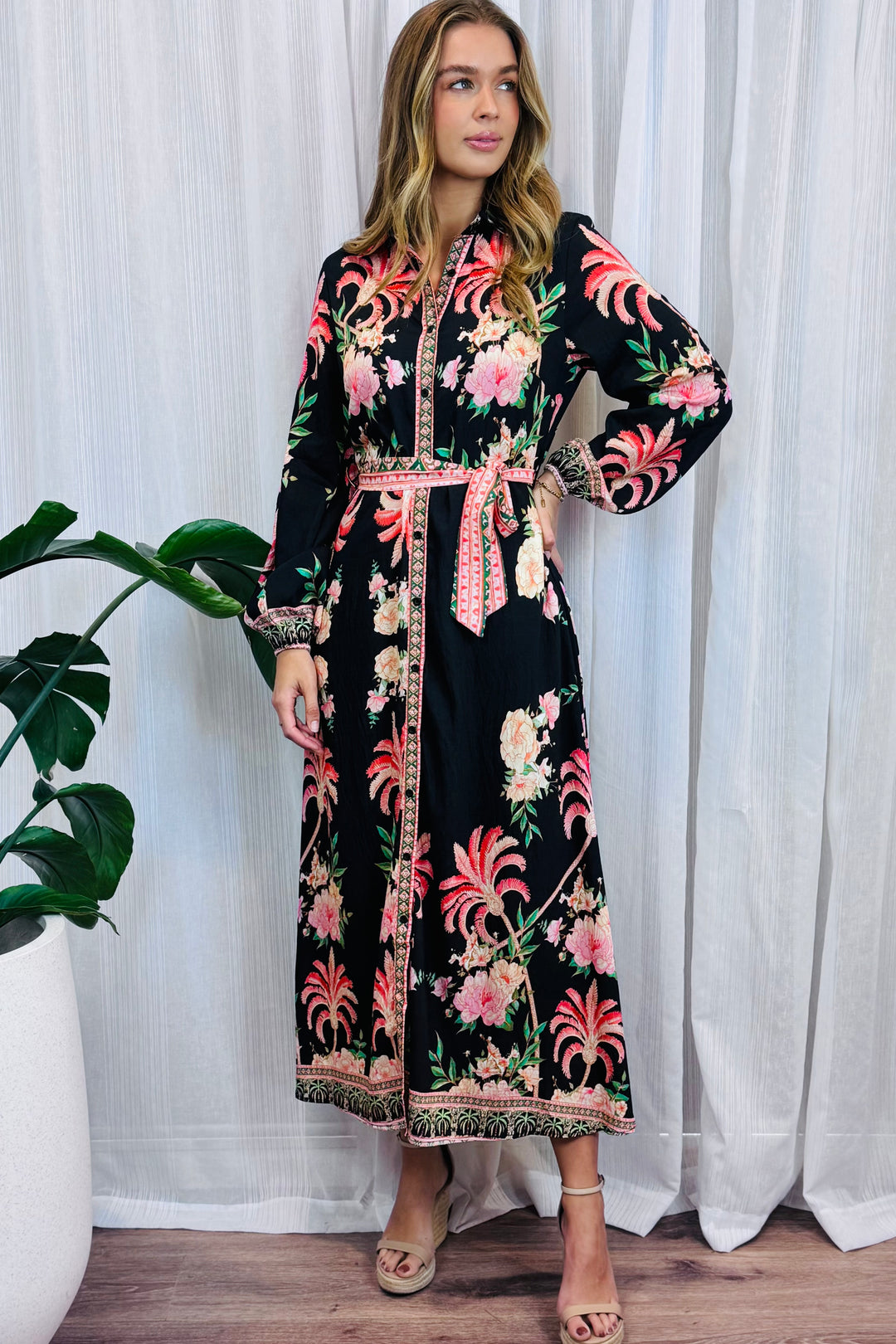 Maddison Palm Print Dress in Long Sleeve