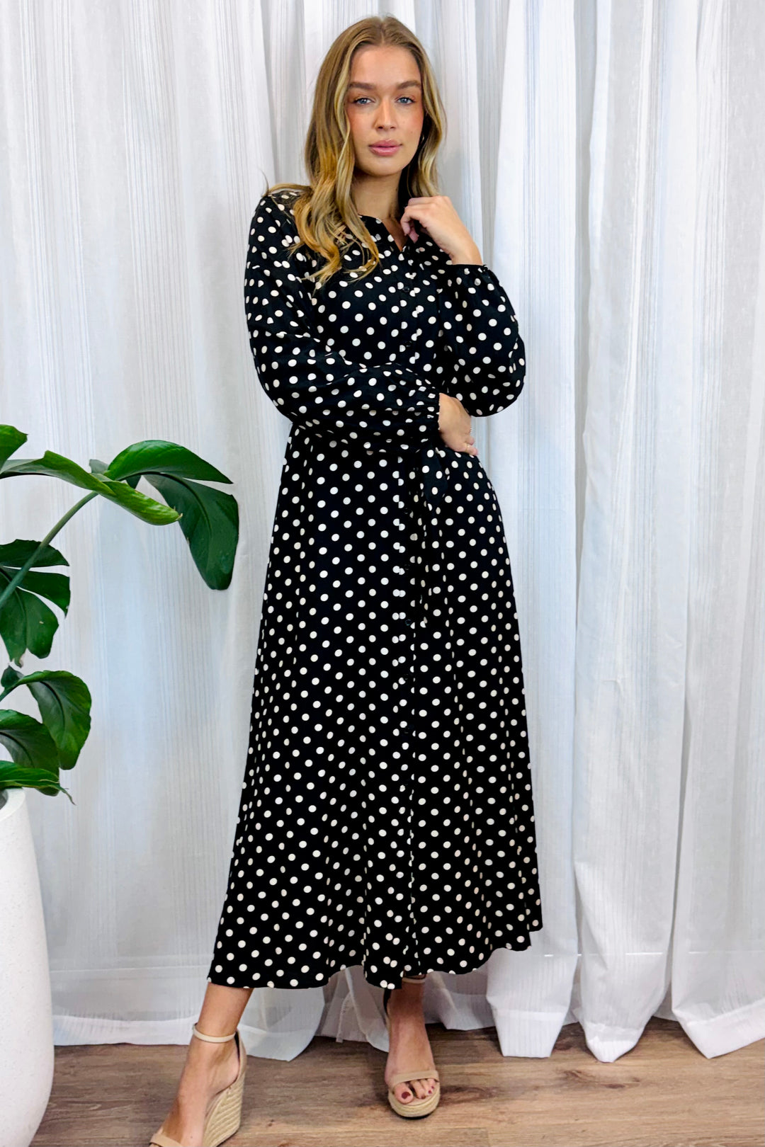 Tamika Polka Dot Dress in Black Long Sleeve
