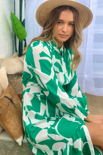 Paige Midi Dress in Green and White Print