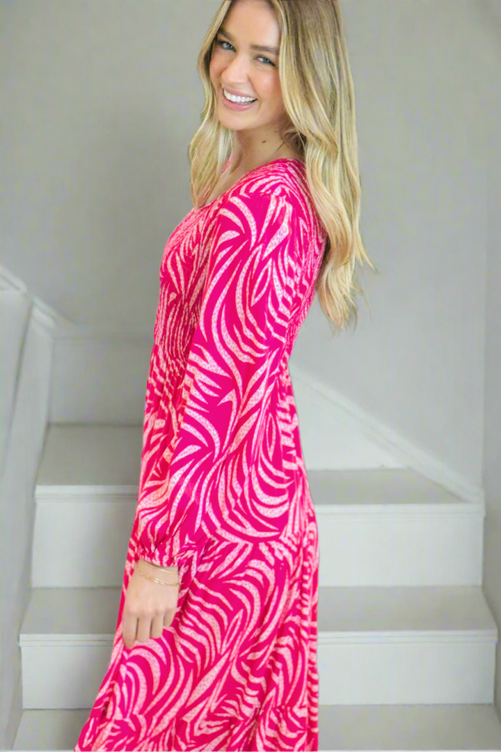 Mina Shirred Midi Dress In Hot Pink Print