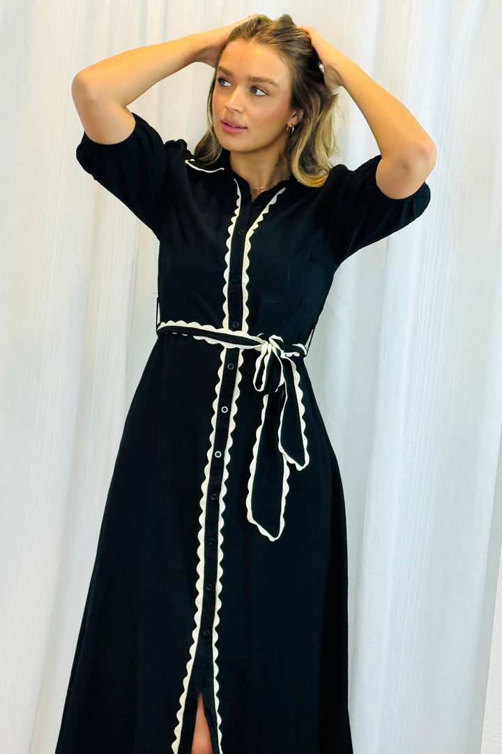 Shyla Shirt Dress in Black With White Trim