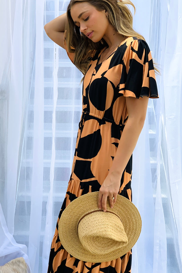 Santorini  Short Sleeve Midi Dress in Orange and Black Print