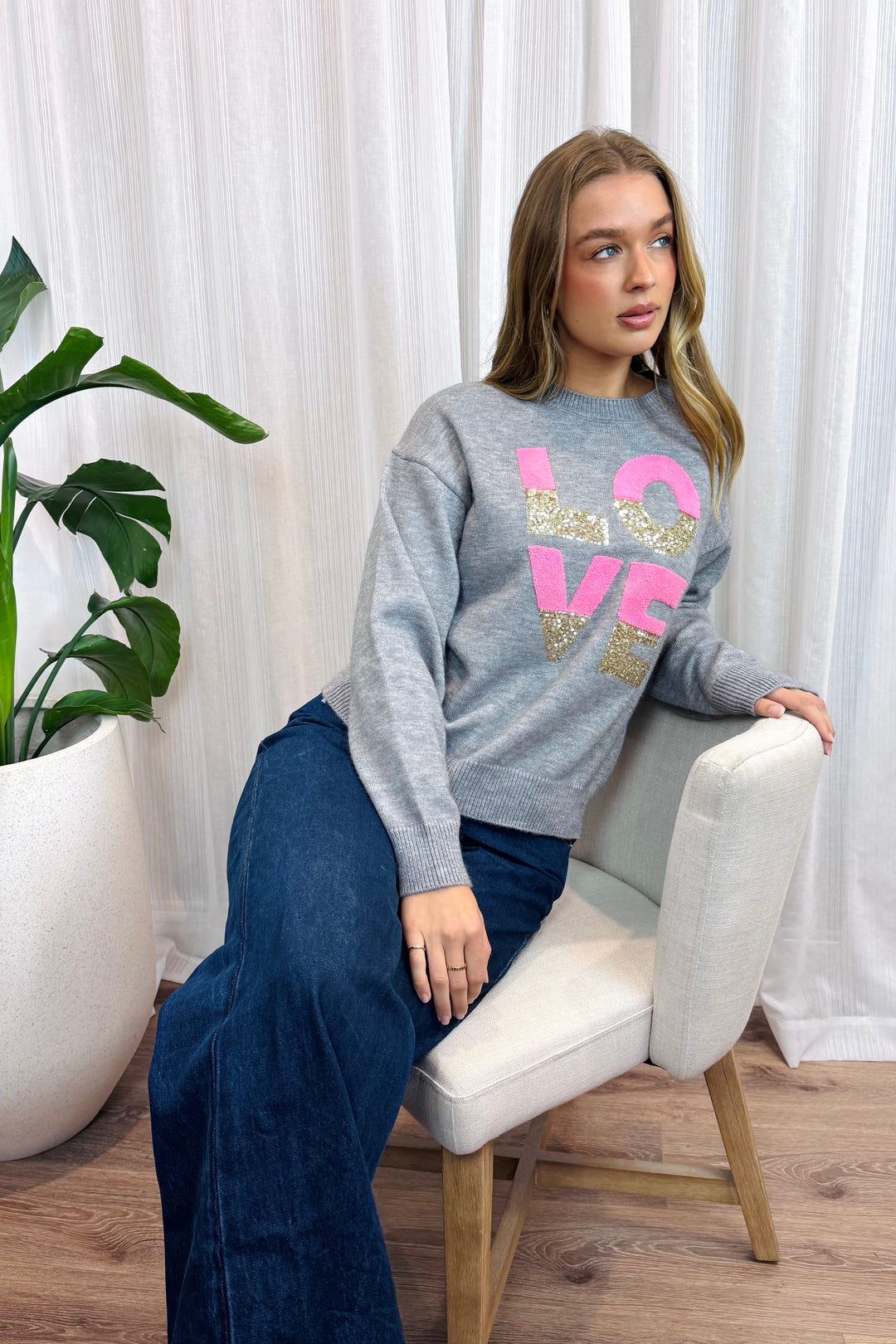 Nelly Love Sequin Detail Knit Top in Grey
