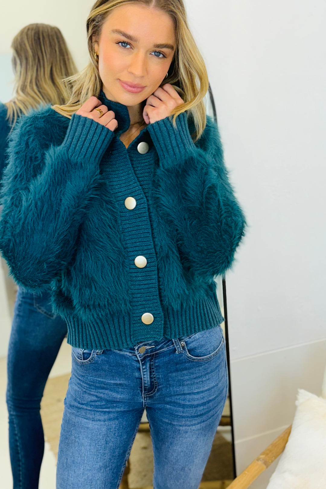 Erica Fluffy Cardi in Teal Green