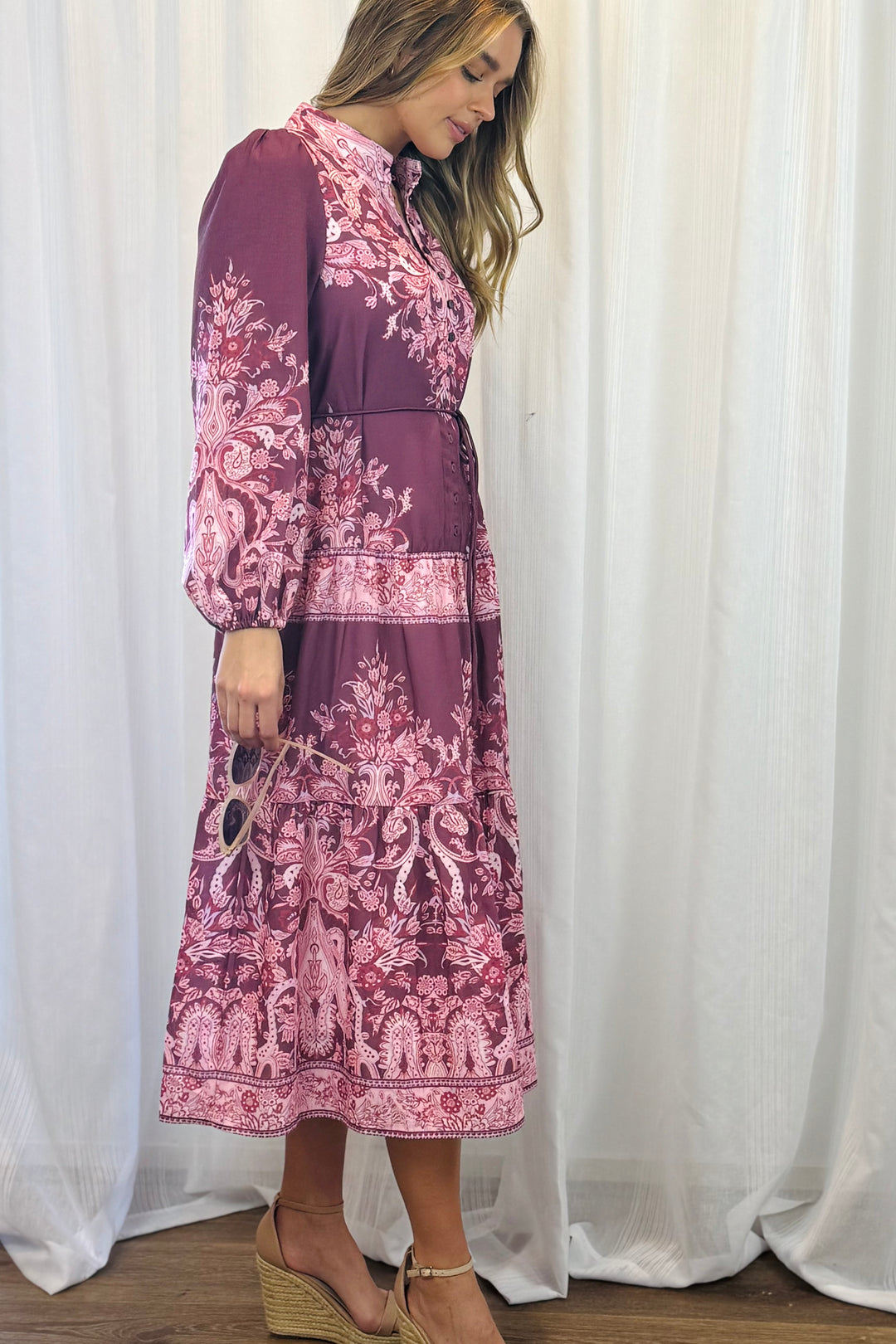 Sabrina Midi Multi Print Dress in Pink and Claret