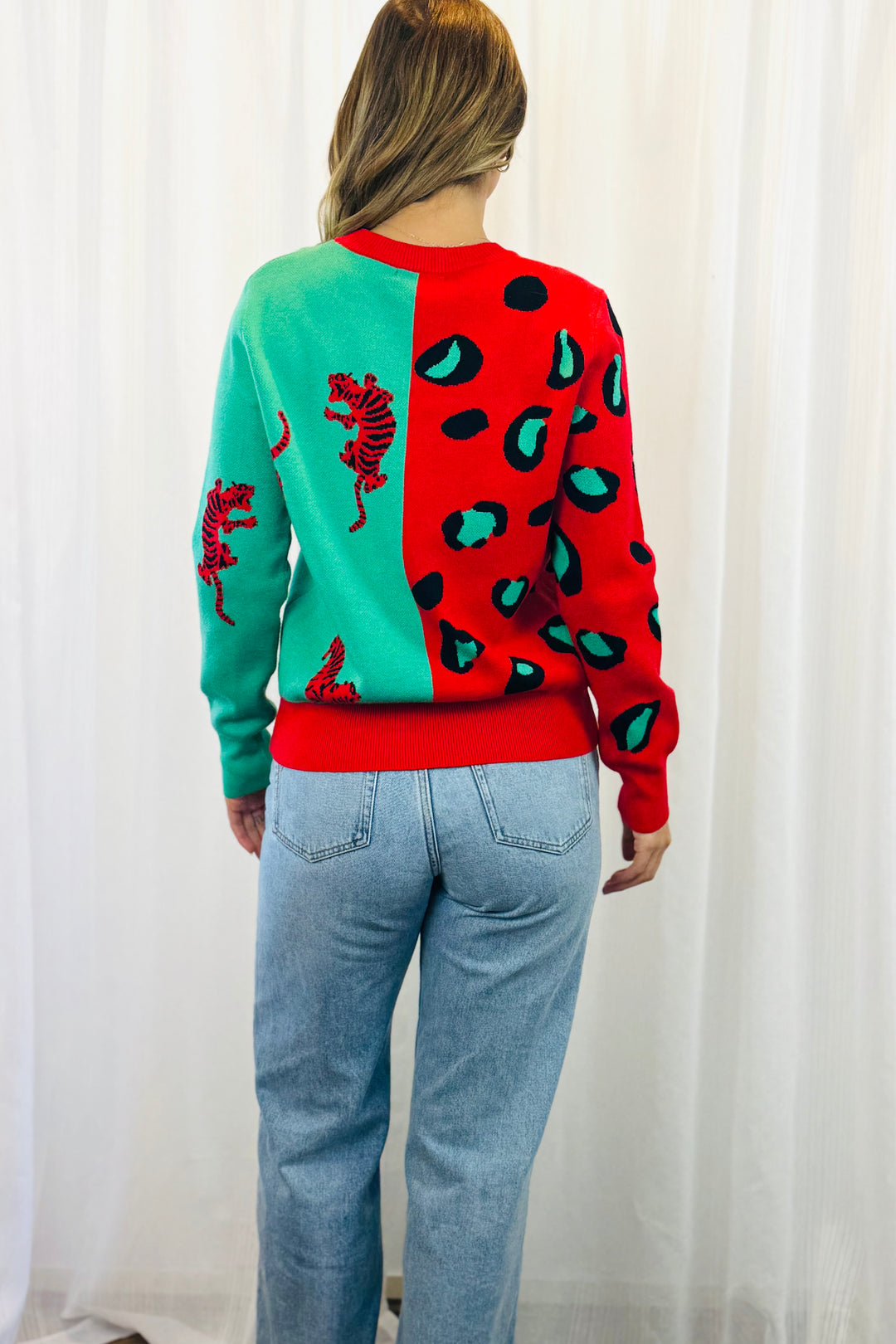 Freda Knit Jumper in Red and Mint Print