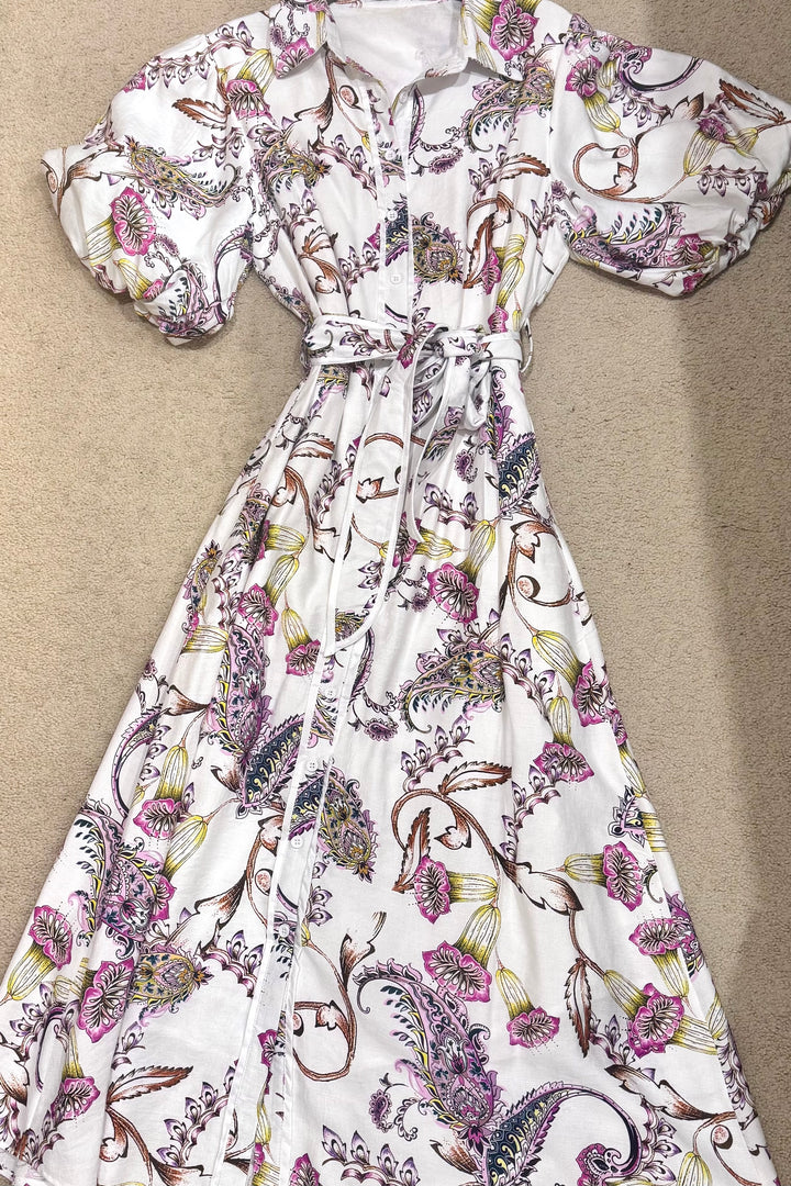 Leah Paisley Print Dress in Off White