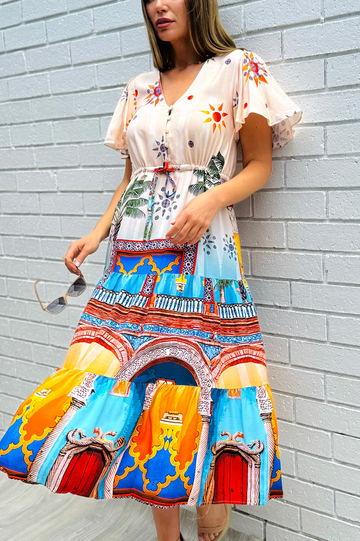 Aly Drawstring Midi in Multi Print