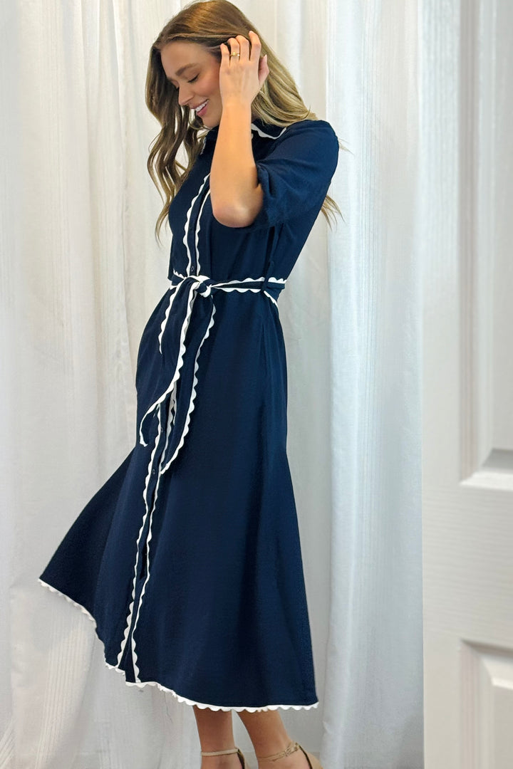 Shyla Dress in Navy with White Trimming