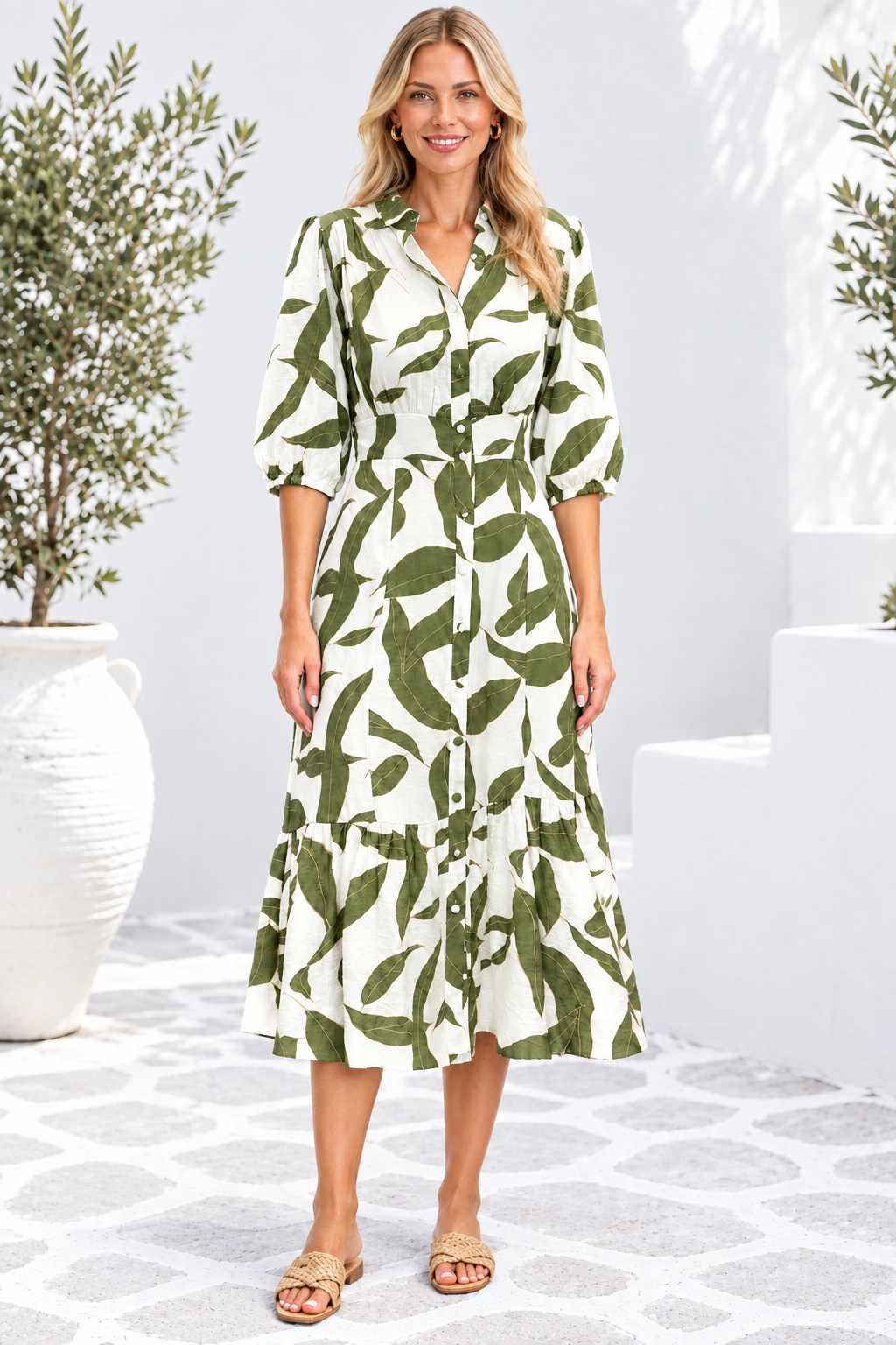 Ivy Dress in Green and Off White Print