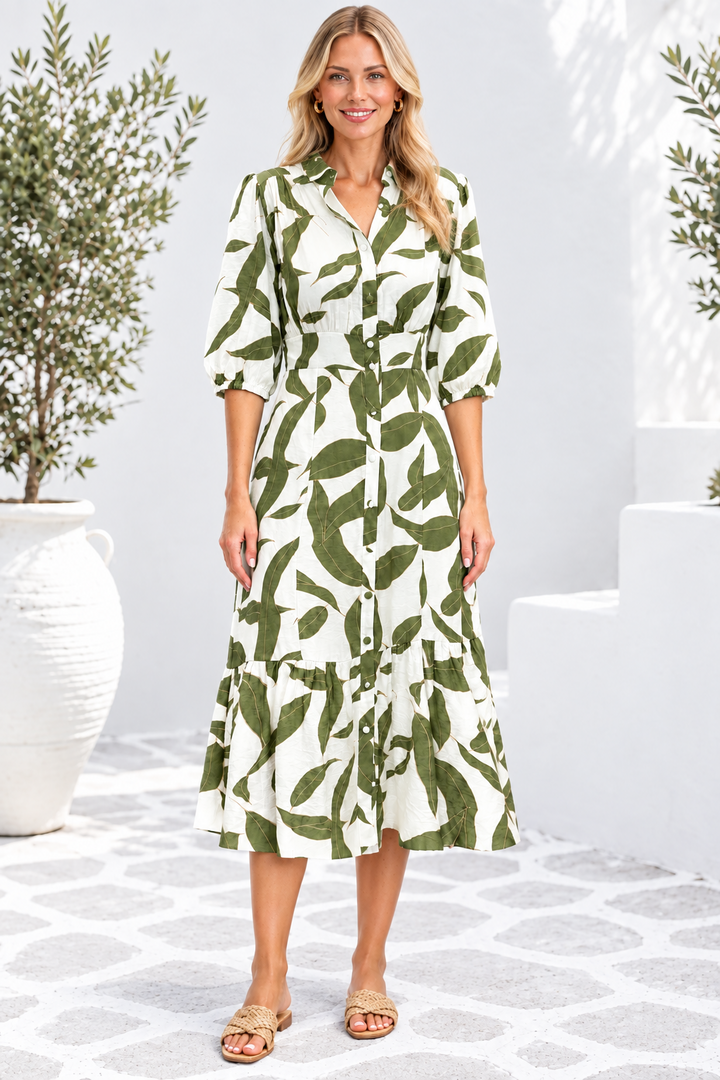 Ivy Dress in Green and Off White Print