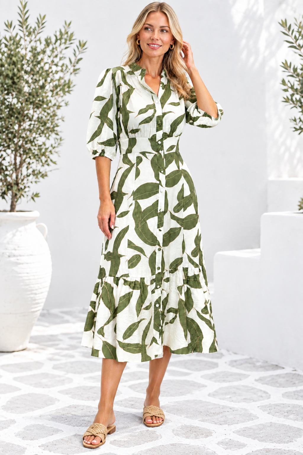 Ivy Dress in Green and Off White Print