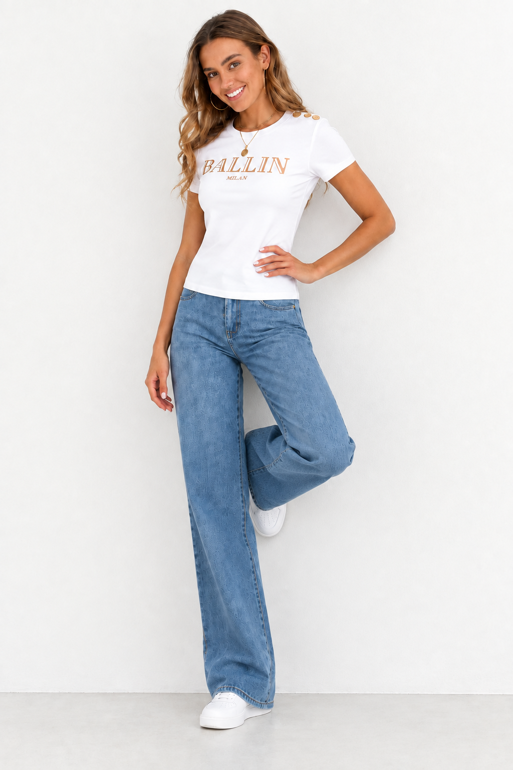 Claudia | White Ballin T-Shirt With Gold Button Detail