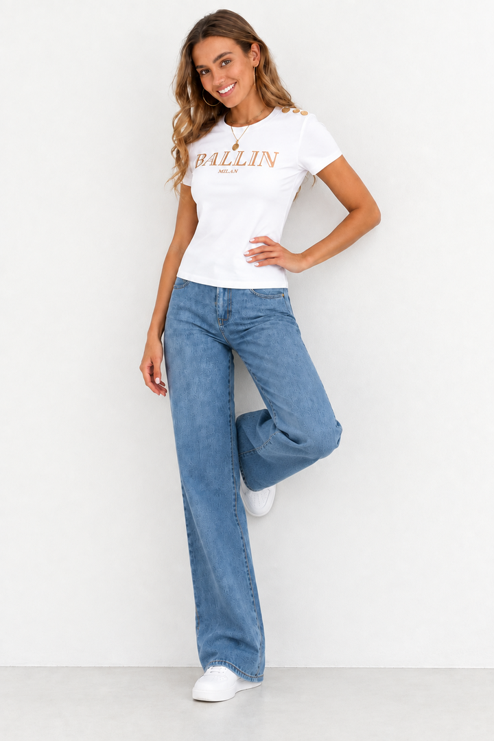 Claudia | White Ballin T-Shirt With Gold Button Detail