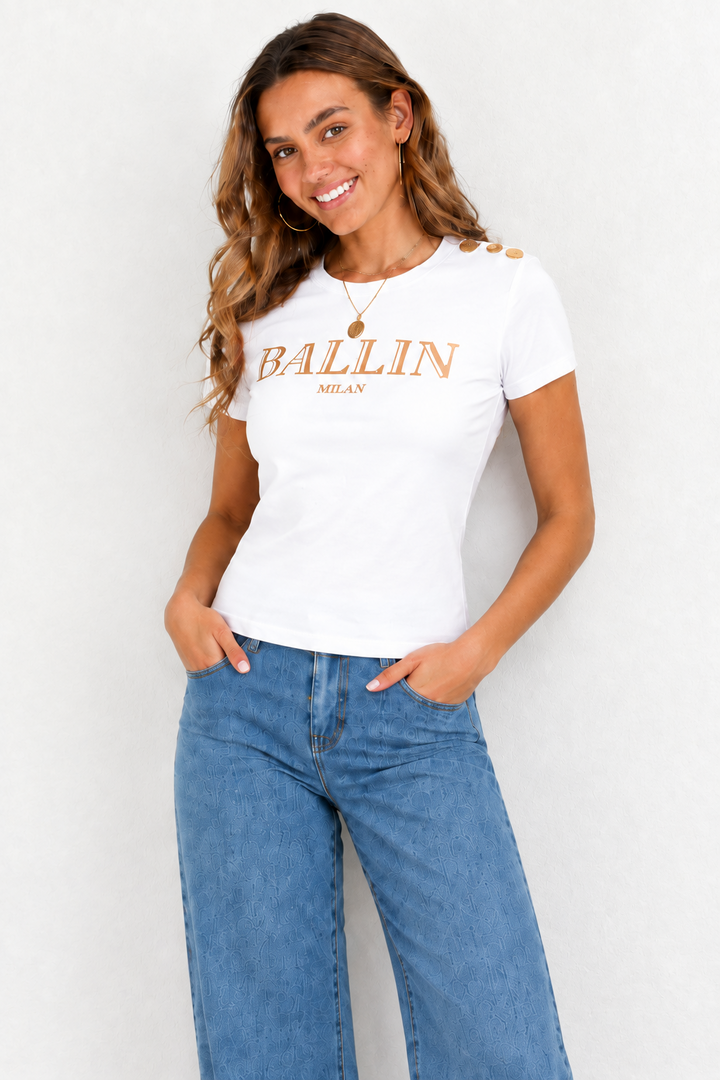 Claudia | White Ballin T-Shirt With Gold Button Detail