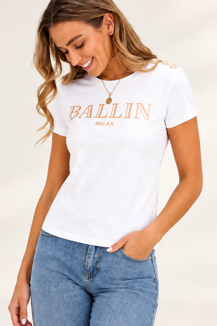 Claudia | White Ballin T-Shirt With Gold Button Detail