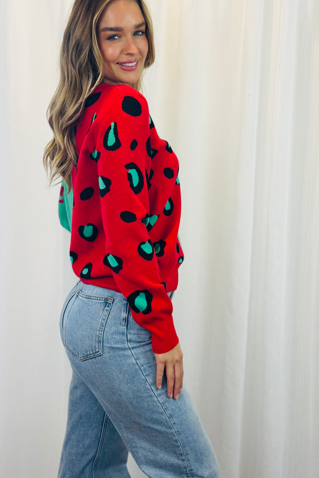 Freda Knit Jumper in Red and Mint Print