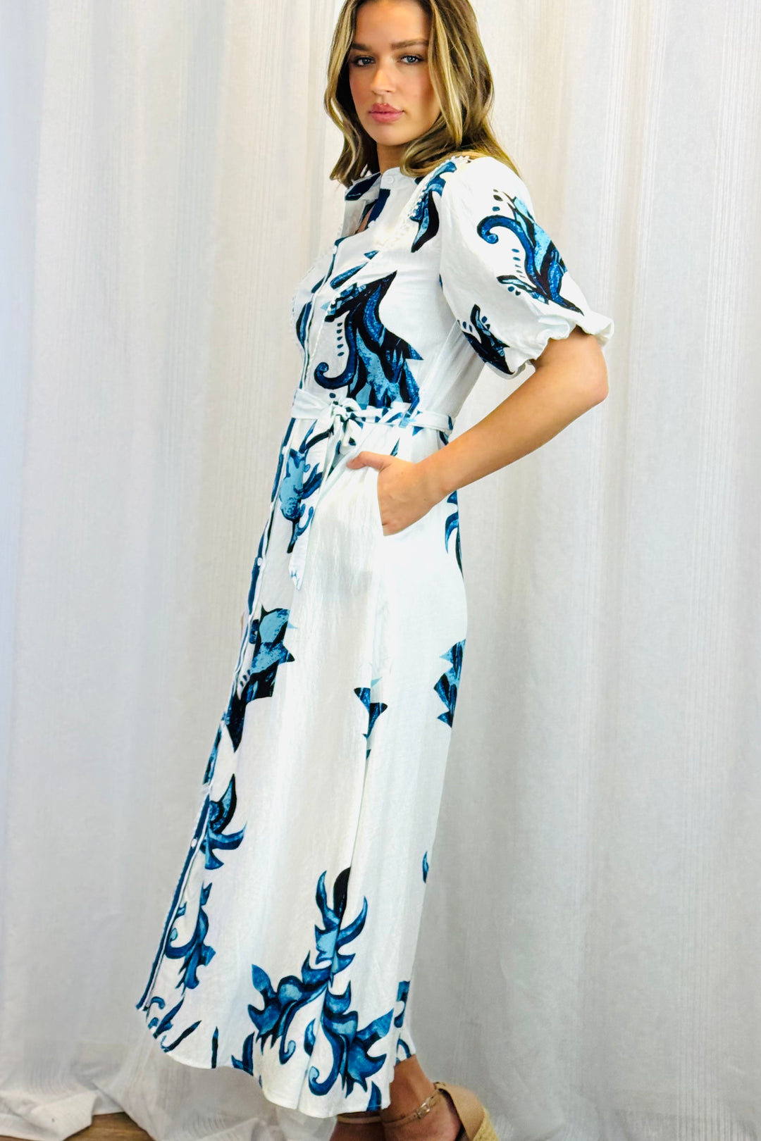 Morgan White And Blue Floral Print Shirt Dress