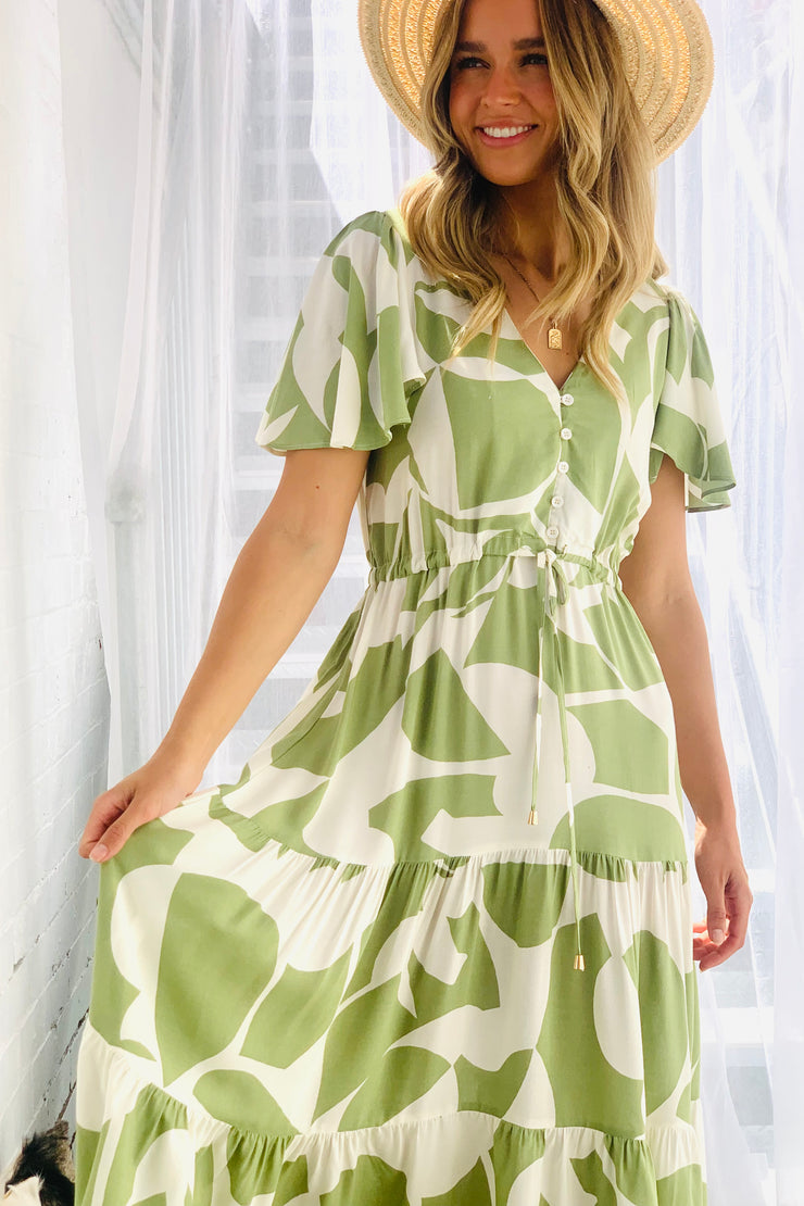 Santorini Midi  Dress In Avocado and Cream Print