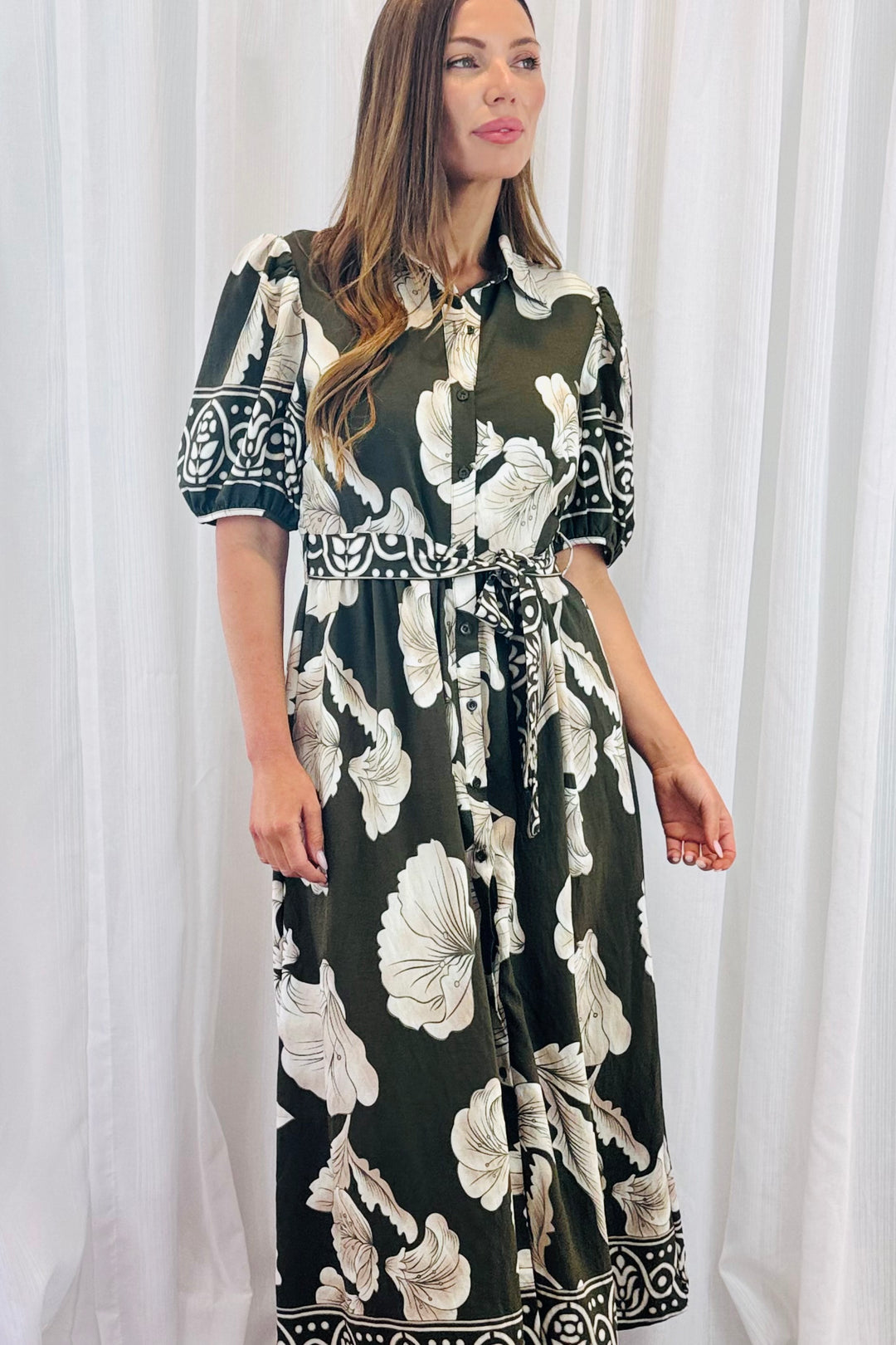 Pamela Multi Print Dress in Khaki