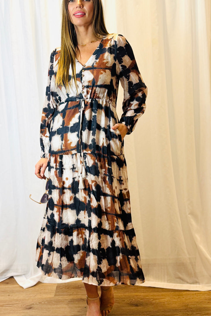 Macey Black and Beige Multi Print Dress