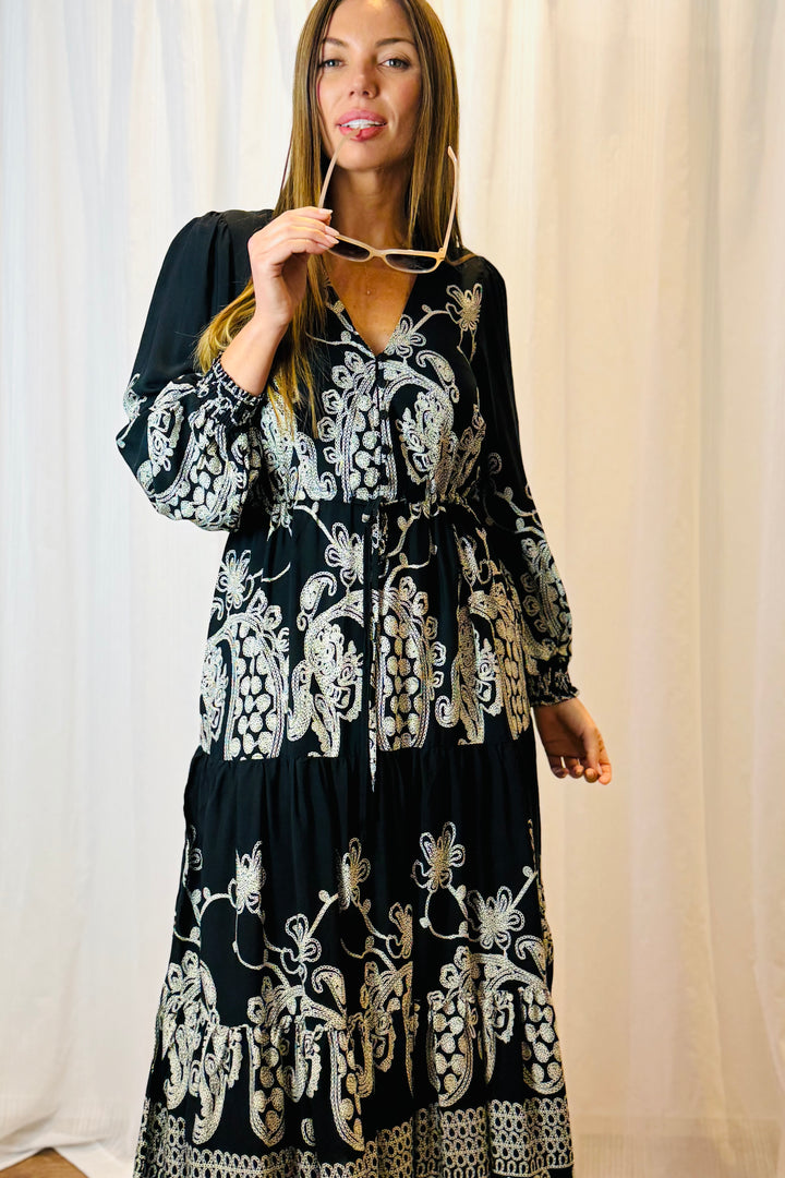 Davina Midi Dress in Black and White Print