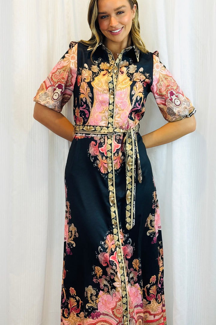 Portia Shirt Dress in Black Multi Print