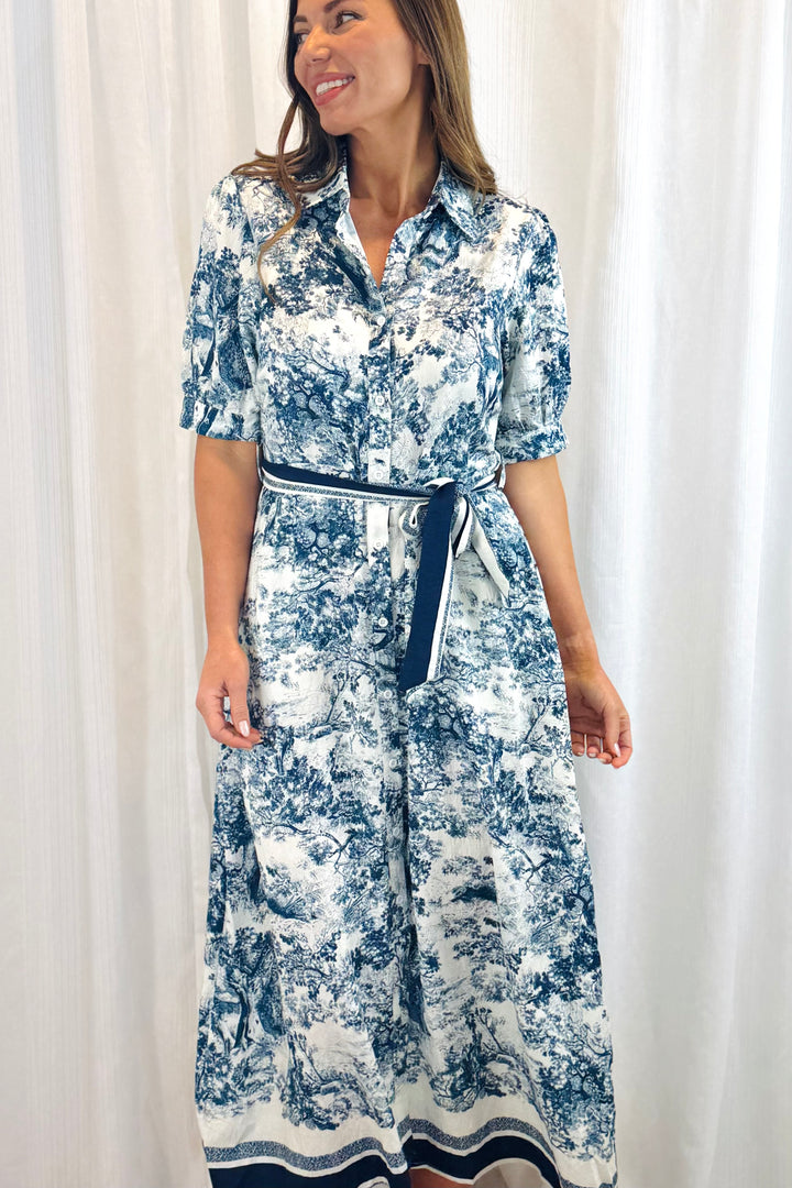 April Blue and Off White Multi Print Short Sleeve Dress