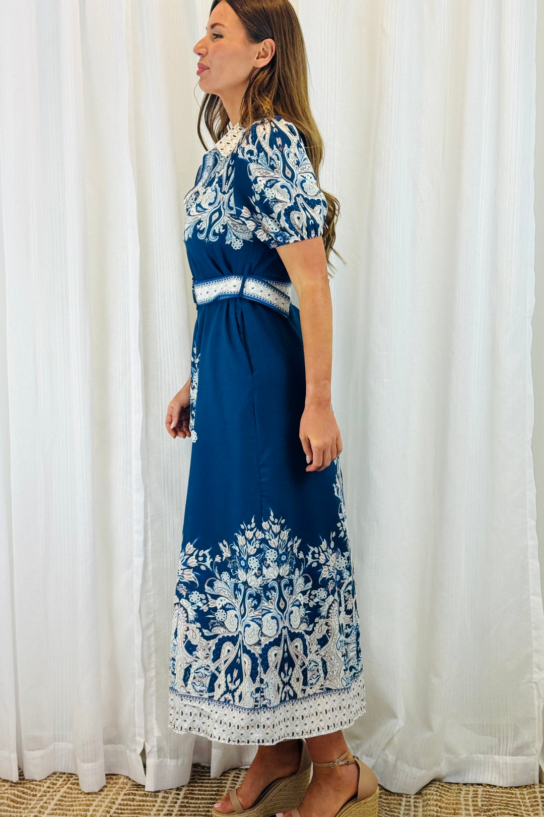 Lopez Embroidered Print Shirt Dress  In Navy