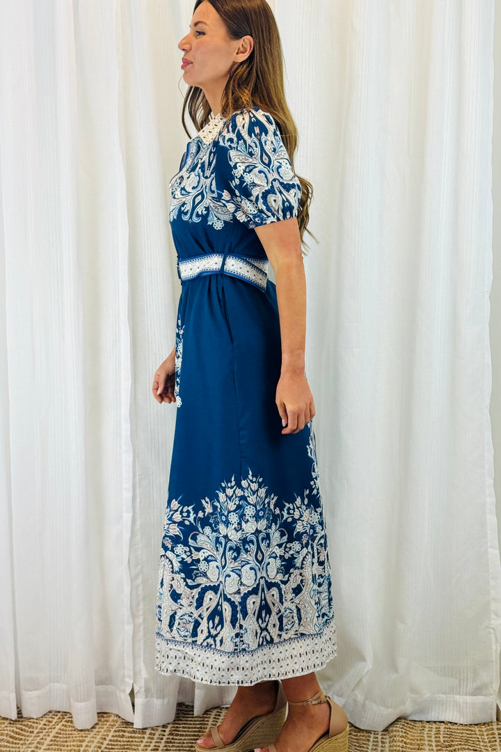 Lopez Embroidered Print Shirt Dress  In Navy