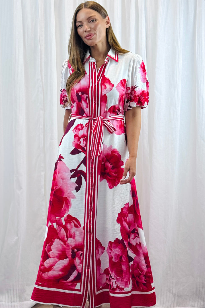 Natalia Maxi Dress in White Red and Pink Print