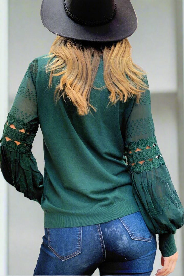 Molli Knit Top Detailed Sleeve in Bottle Green