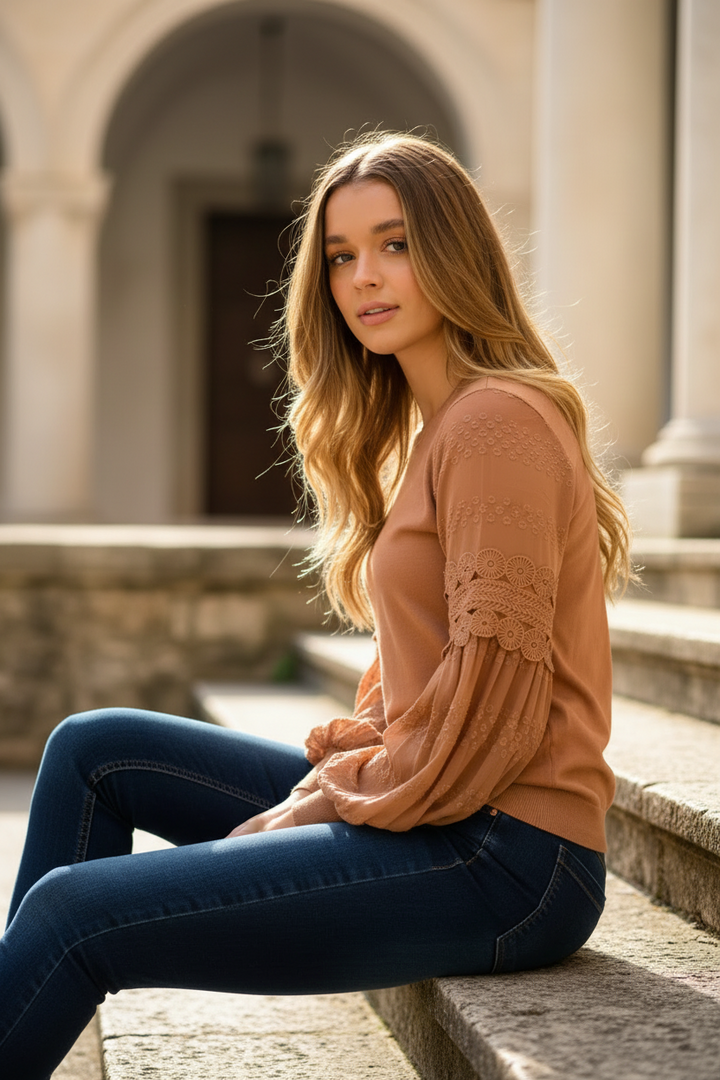 Molli Knit Top Detailed Sleeve in Tan