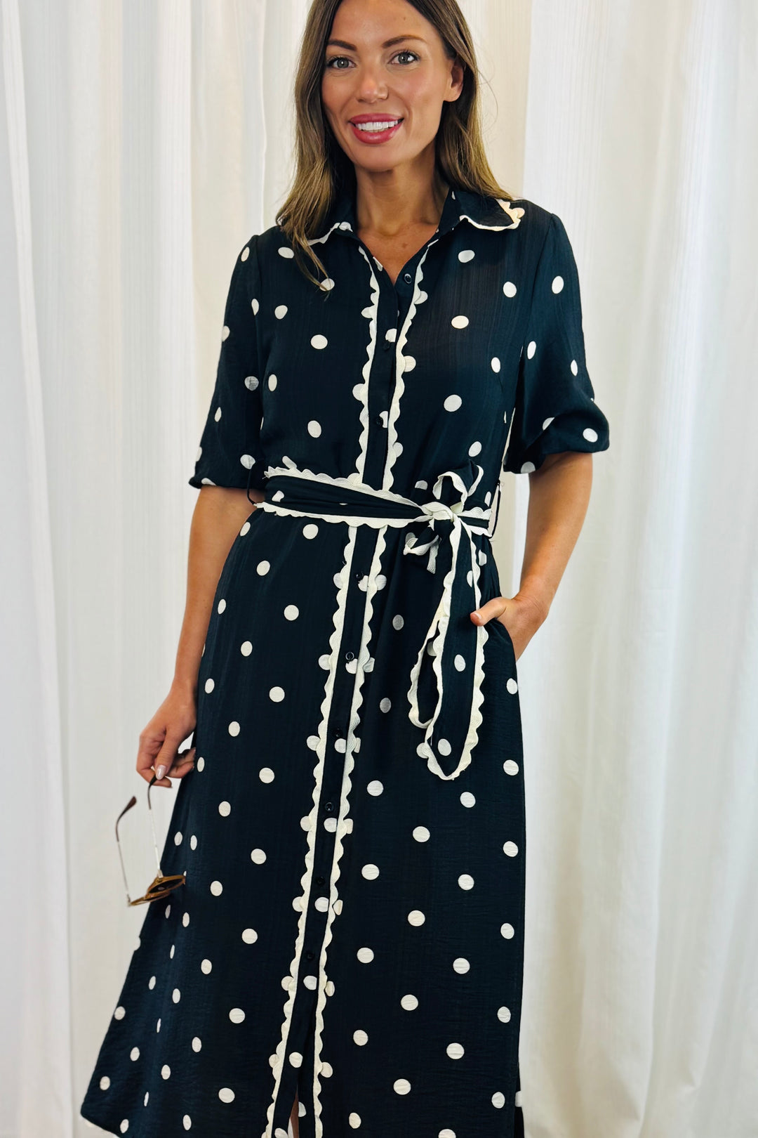 Shyla Black and Off White Polka Dot Dress