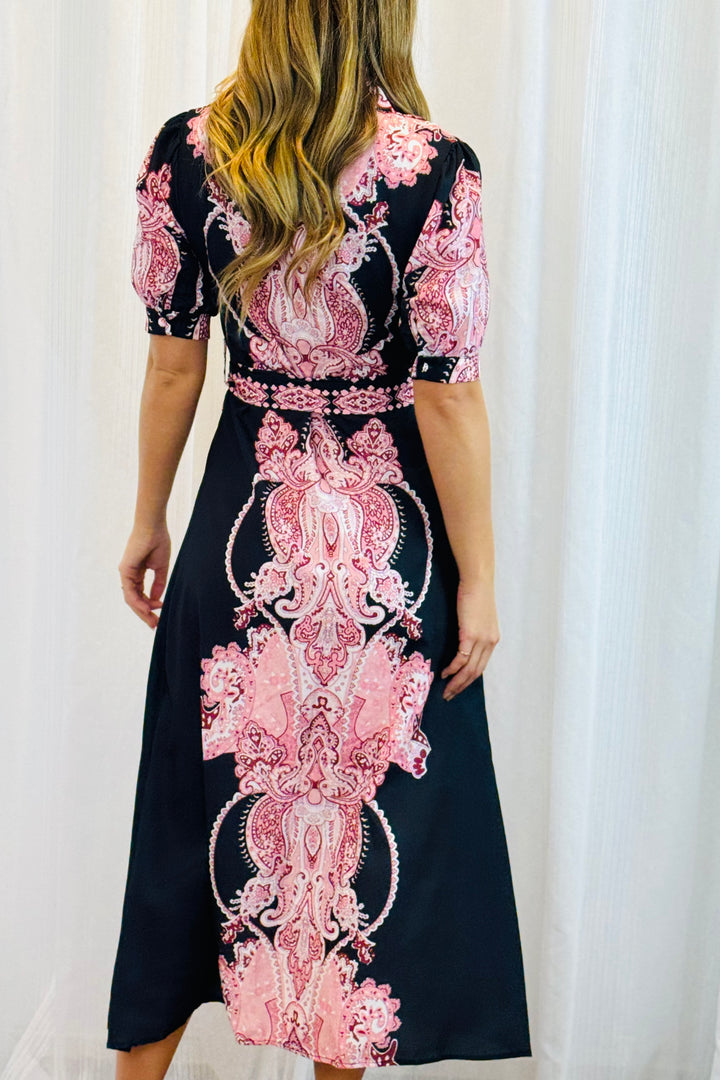 Eden Short Sleeve Dress With Pink Embroidered Print.