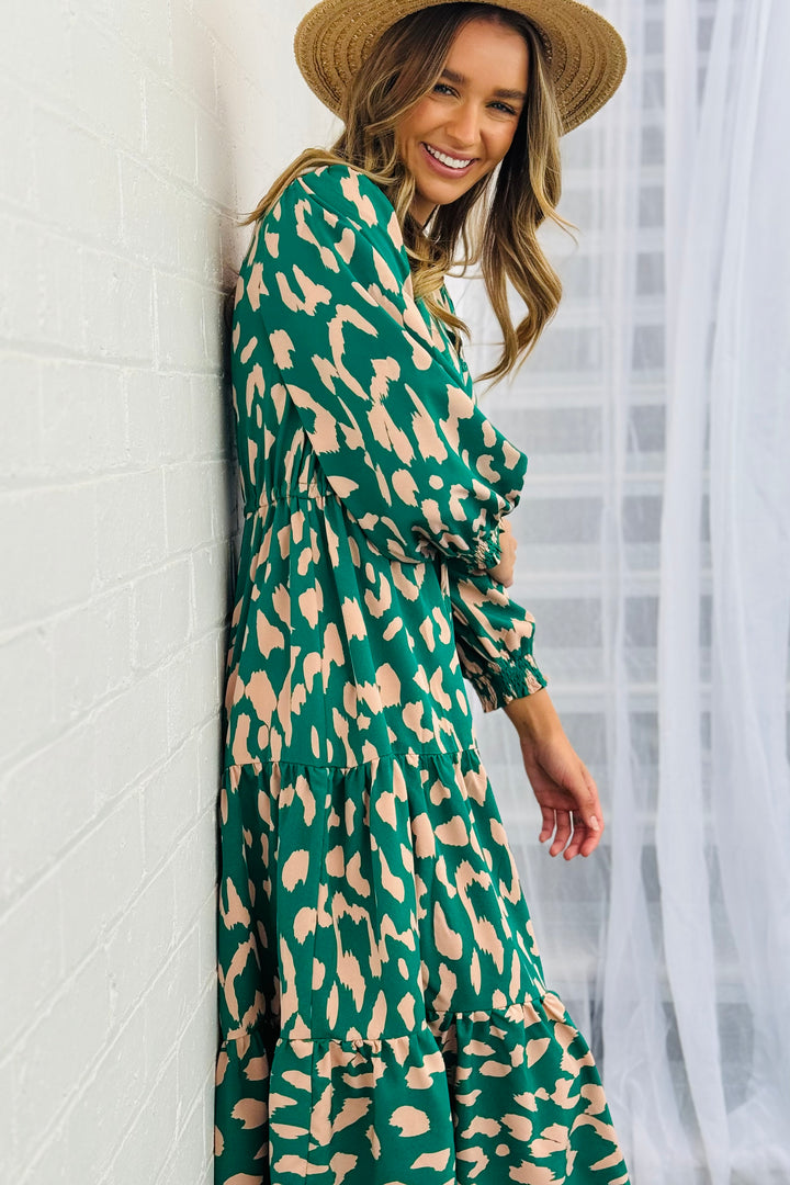 Molli Midi Drawstring Dress in Green Animal Print