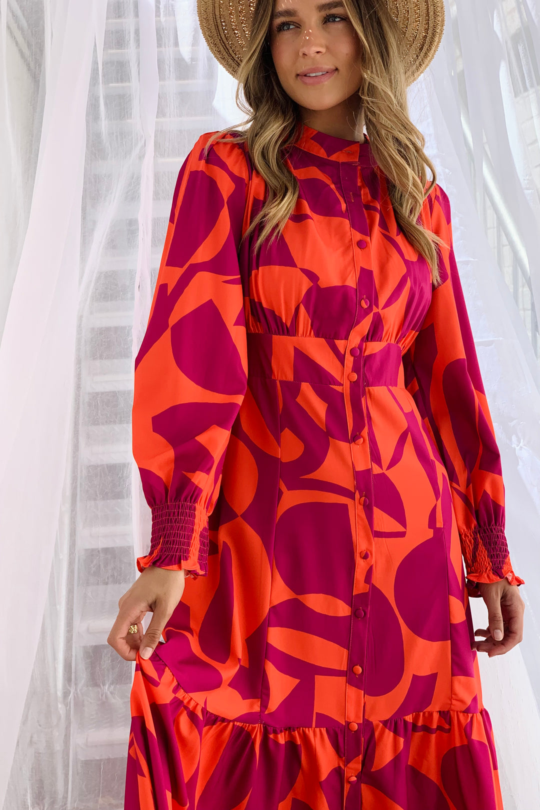 Paige Long Sleeve Maxi Dress in Orange and Purple