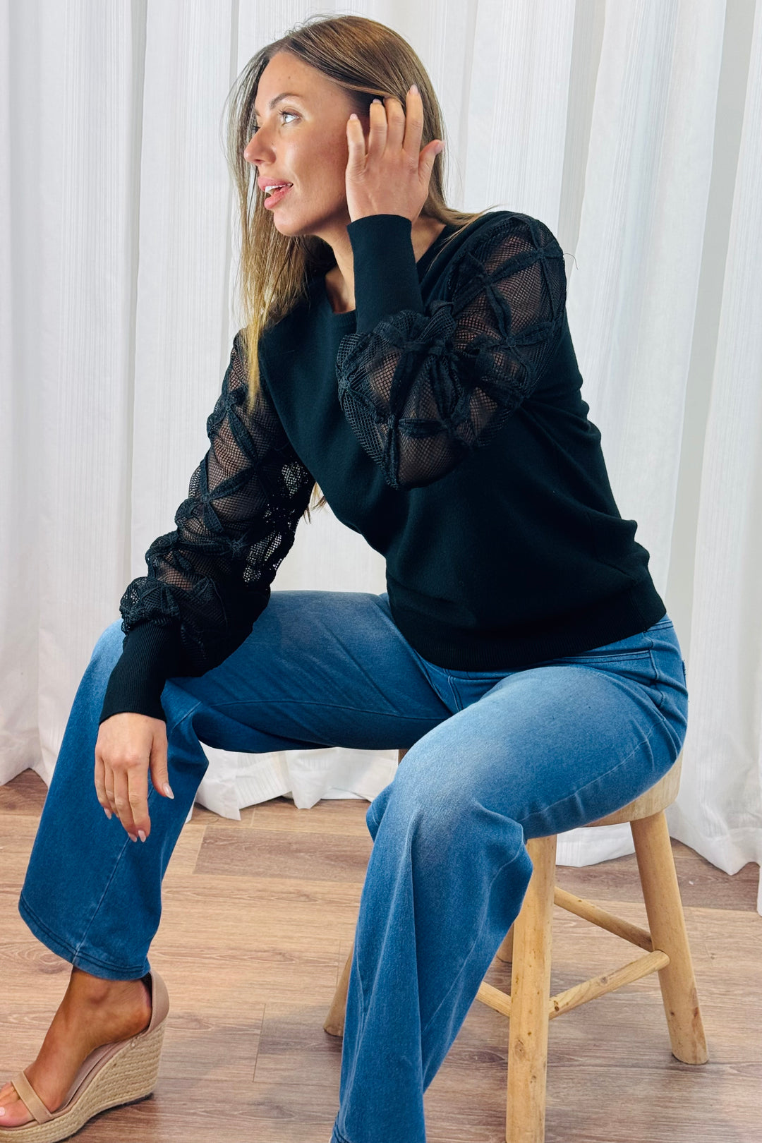 Milani Lace Knit Top in Black