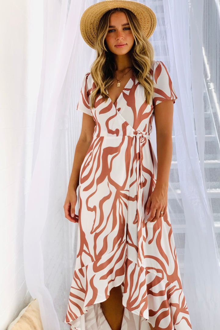 Oceane Wrap MAXI Dress in Tan and White Tiger Print