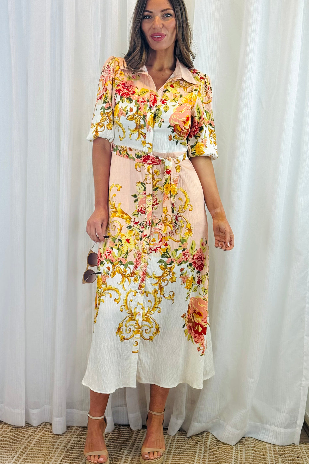 Leila Multi Print Dress in Off White