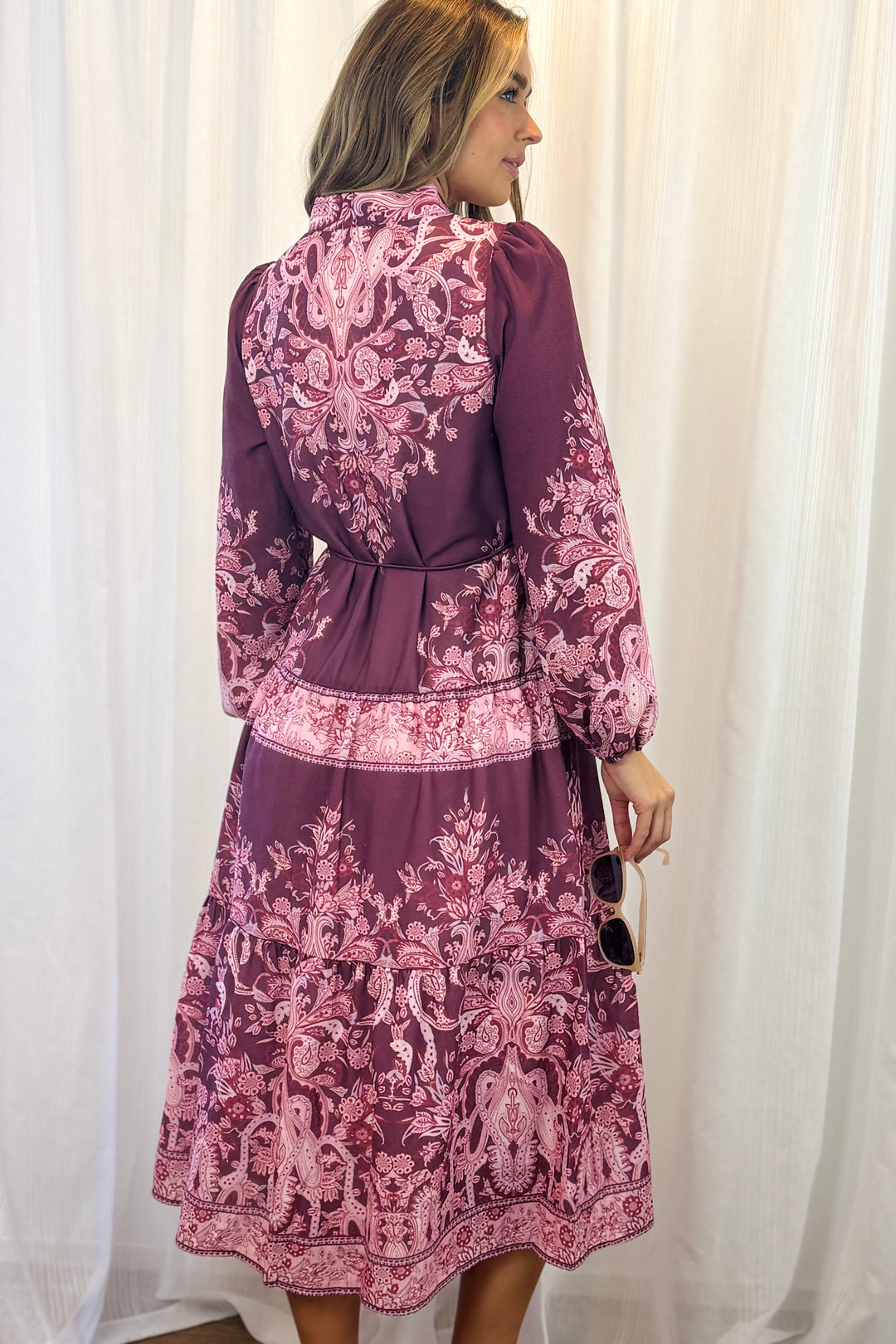 Sabrina Midi Multi Print Dress in Pink and Claret