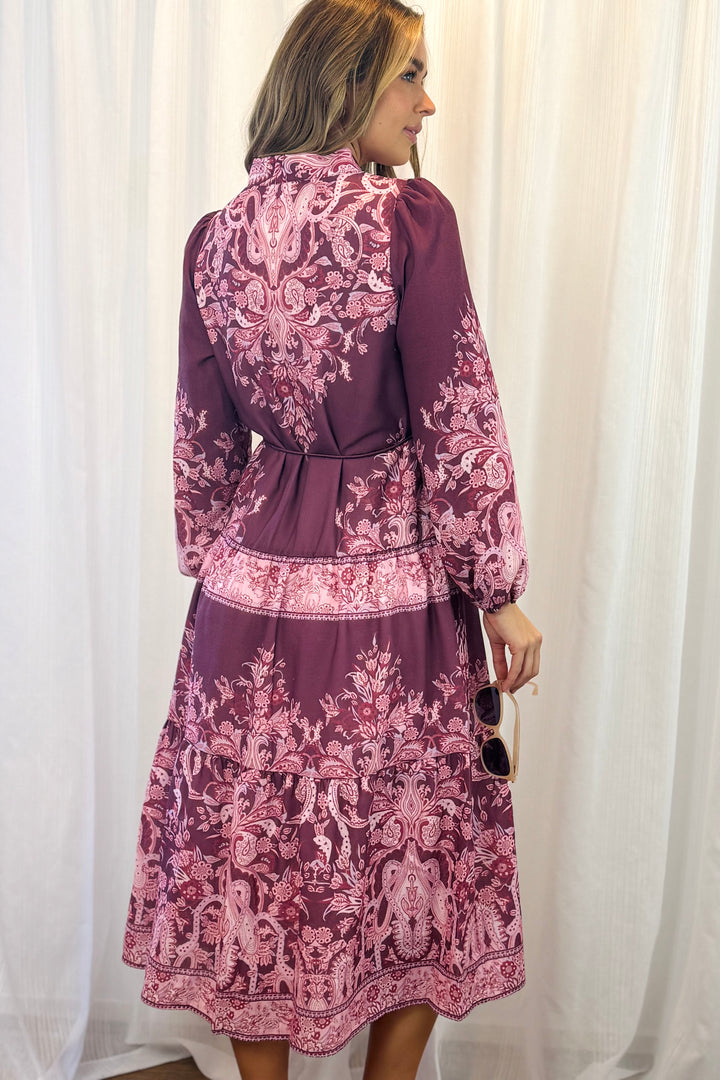 Sabrina Midi Multi Print Dress in Pink and Claret