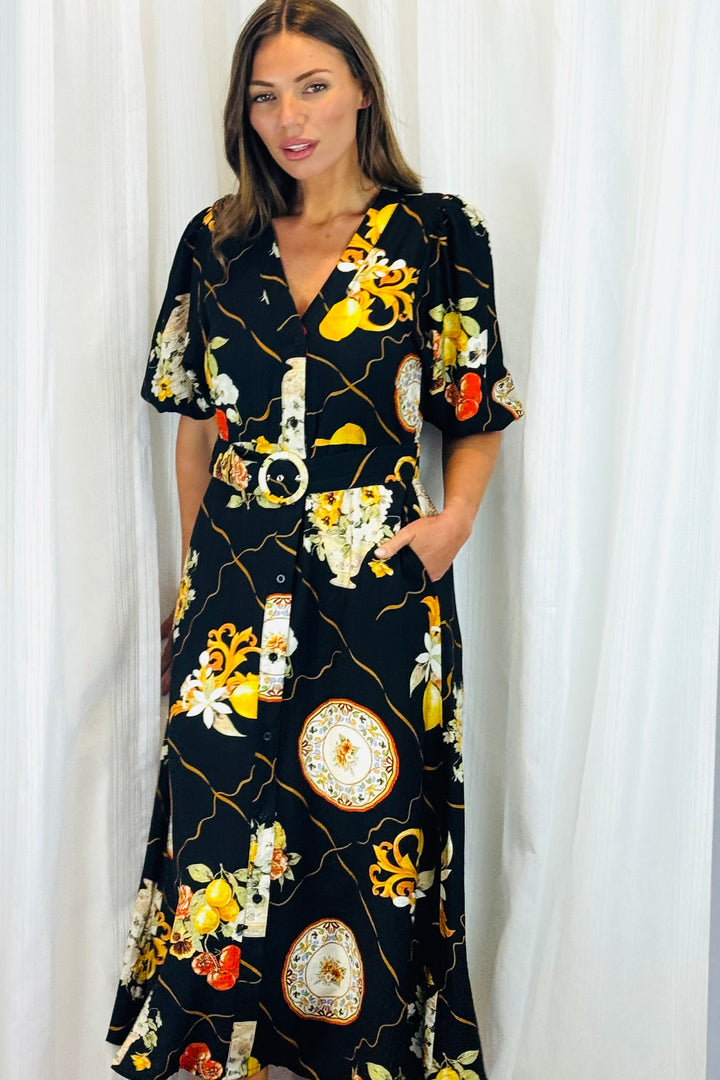Giulia Lemon Print Dress in Black