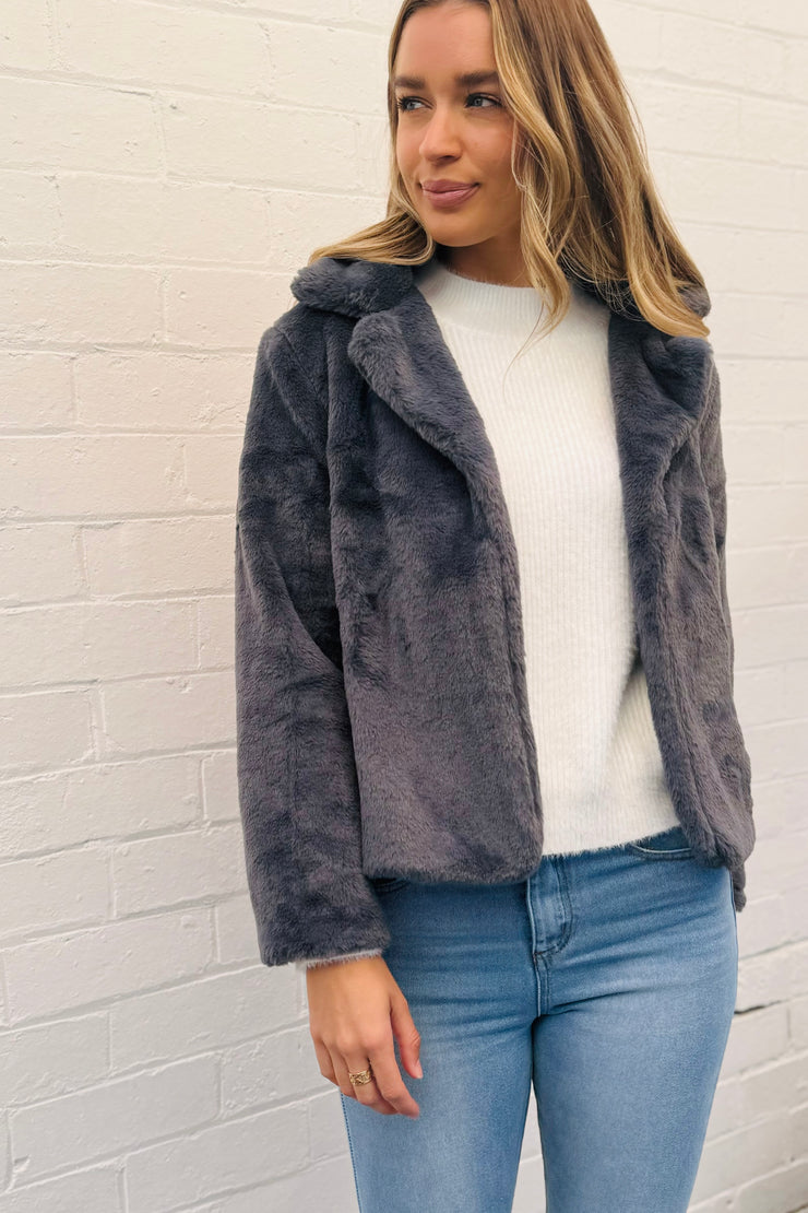 Kayla Faux Fur Jacket in Gunmetal Grey